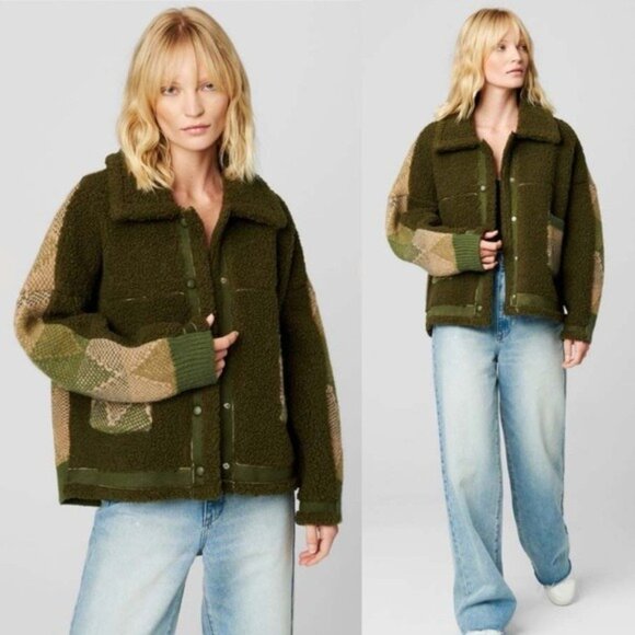 NWT BlankNYC Timber Sweater Cropped Jacket L Olive Teddy Cardigan Sherpa Plaid - Picture 2 of 12